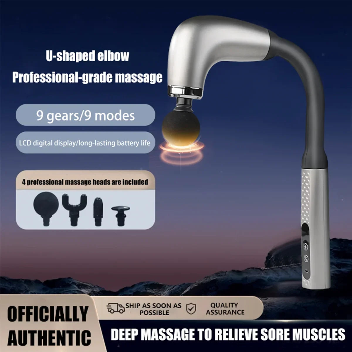 Masajeador de Percusión Profesional con Mango Extendido - 6 Velocidades y 4 Cabezales - Alivio Muscular Profundo