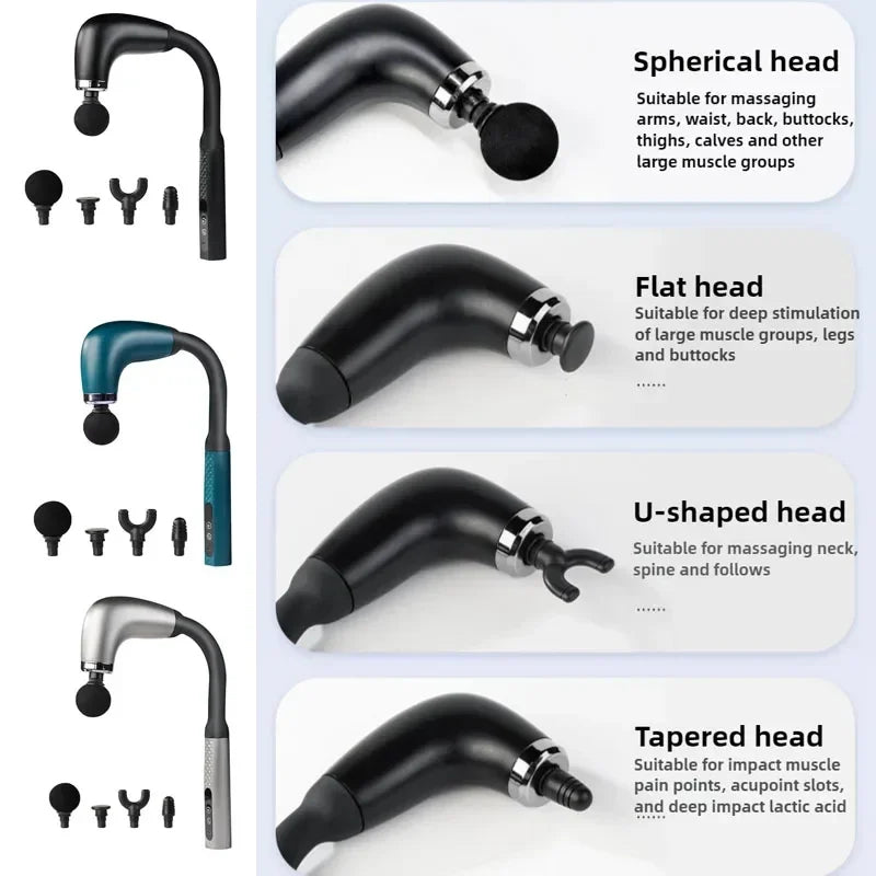 Masajeador de Percusión Profesional con Mango Extendido - 6 Velocidades y 4 Cabezales - Alivio Muscular Profundo